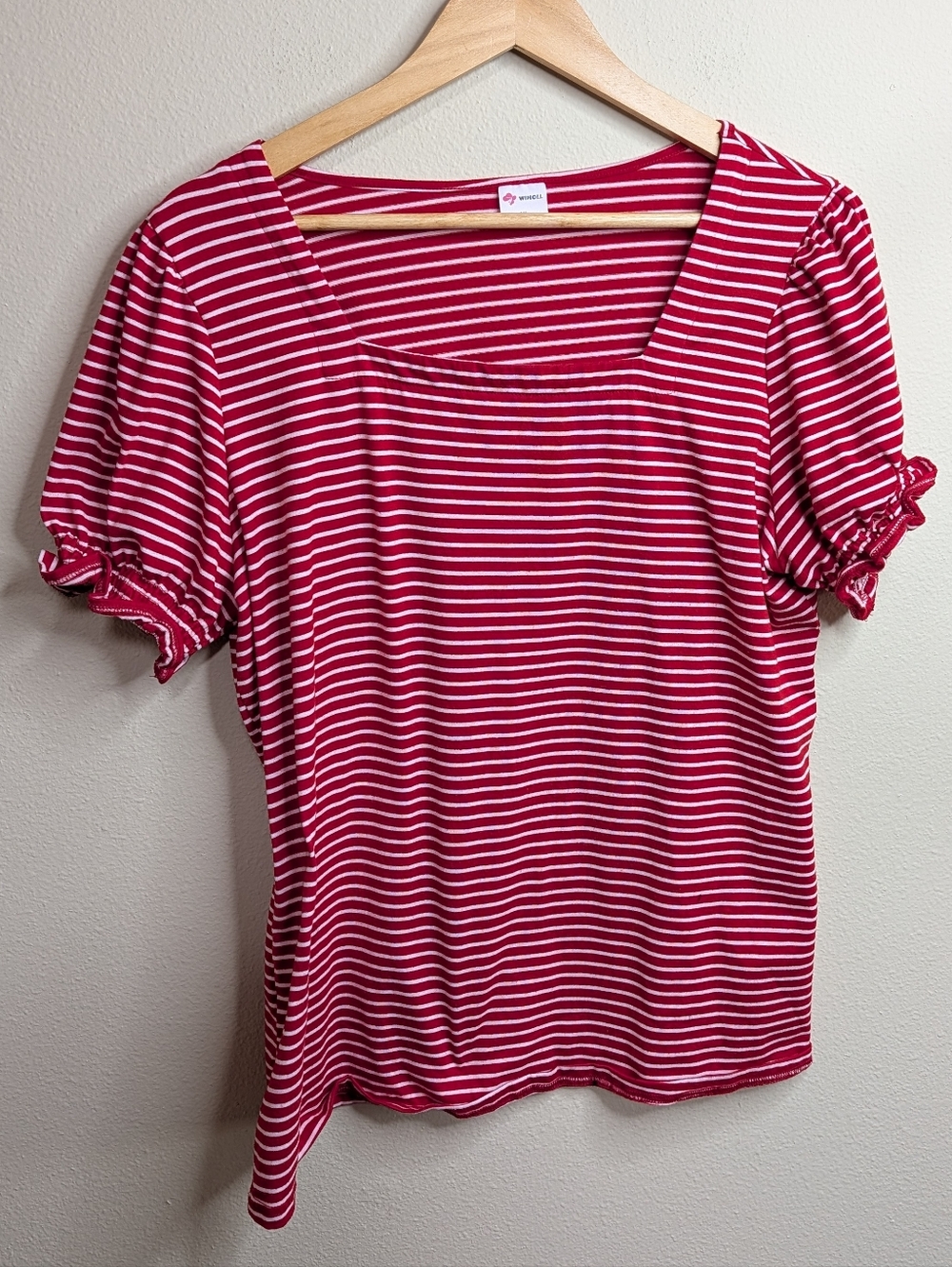 Wiholl Striped Square Neck‎ Top | Size XL | Red & White